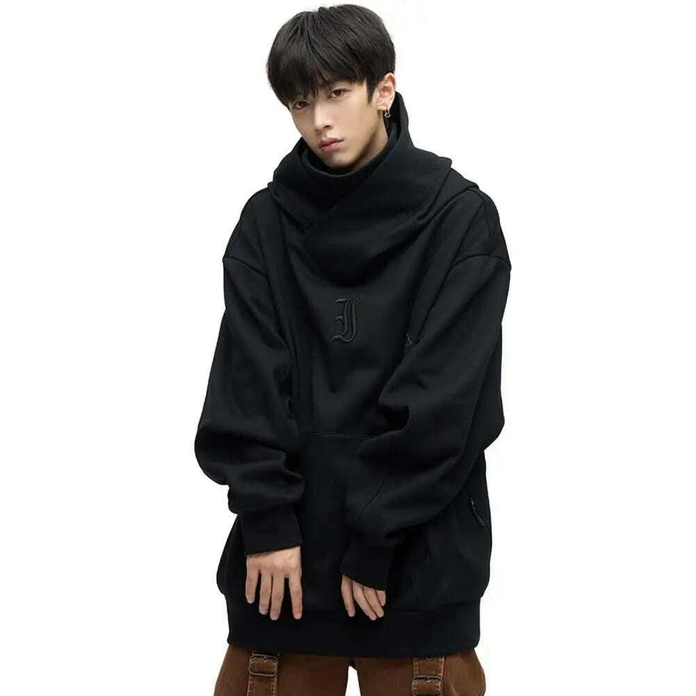 KIMLUD, Men Sweatshirt Japanese Harajuku Streetwear Cyber Punk Scarf Collar Hoodie Winter Autumn Comfortable Pullover Sweatshirt, Black / M, KIMLUD APPAREL - Womens Clothes