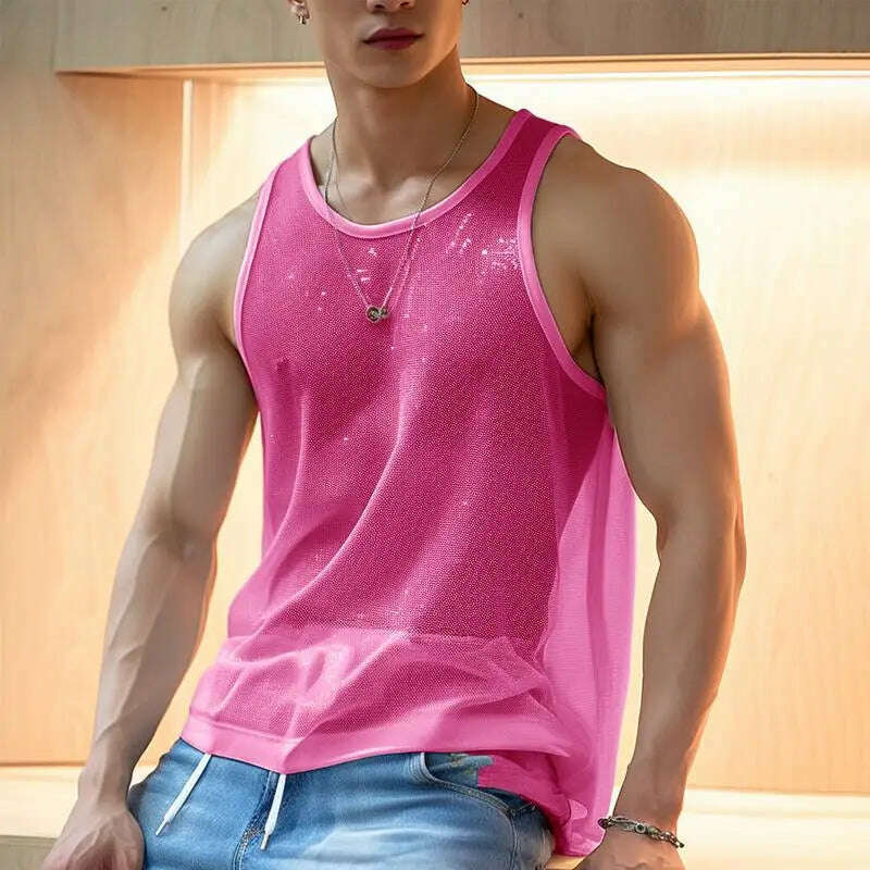 KIMLUD, Men Tank Tops Solid O-neck Sleeve Mesh Transparent Sexy Vests Streetwear 2023 Fashion Party Casual Men Clothing S-5XL INCERUN, Pink / L / CHINA, KIMLUD APPAREL - Womens Clothes