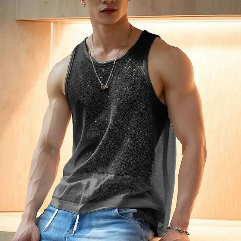 KIMLUD, Men Tank Tops Solid O-neck Sleeve Mesh Transparent Sexy Vests Streetwear 2023 Fashion Party Casual Men Clothing S-5XL INCERUN, Black / L / CHINA, KIMLUD APPAREL - Womens Clothes