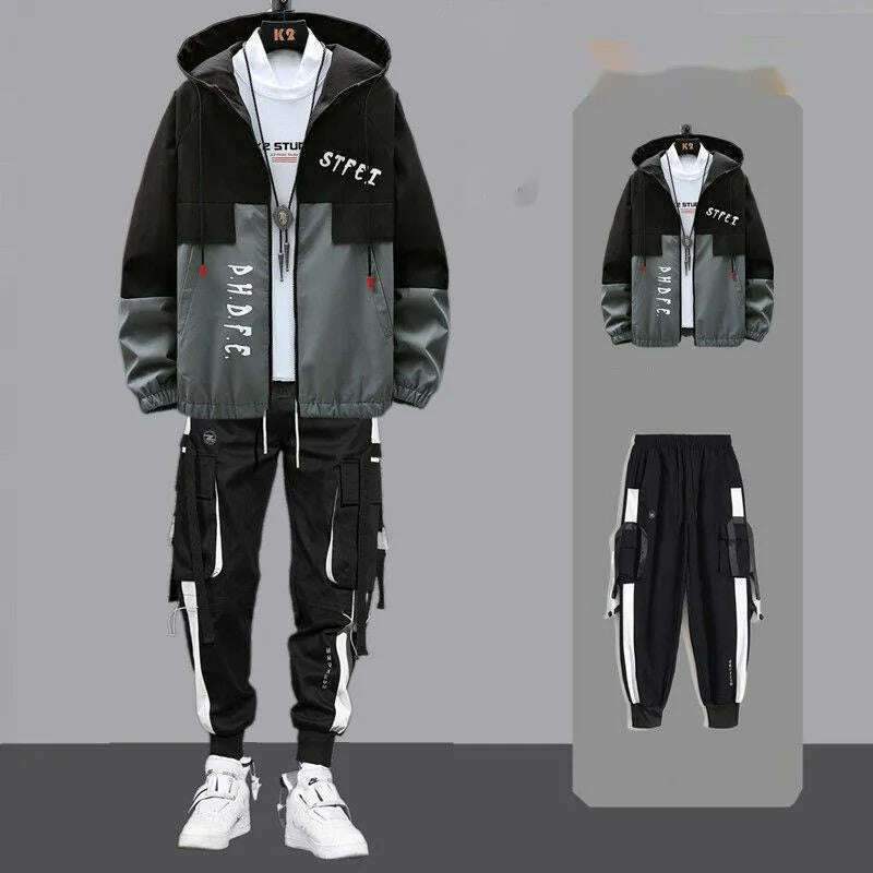 KIMLUD, Men Tracksuit Autumn Sportswear Two Piece Sets Man Hip Hop Fashion Sweatpants Brand Clothing Mens Students Sweatsuit Hoodie Suit, L158-165cm 50-57kg / gray, KIMLUD APPAREL - Womens Clothes