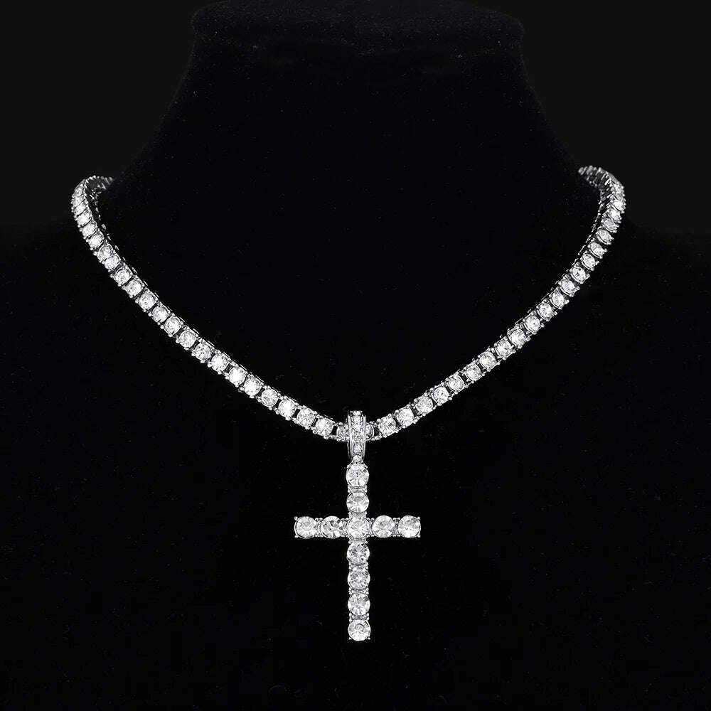 Men Women Hip Hop Cross Pendant Necklace With 4mm Zircon Tennis Chain Iced Out Exquisite Bling Jewelry Fashion Trendy Creative - KIMLUD