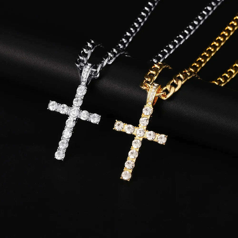 KIMLUD, Men Women Hip Hop Cross Pendant Necklace With 4mm Zircon Tennis Chain Iced Out Exquisite Bling Jewelry Fashion Trendy Creative, KIMLUD Womens Clothes