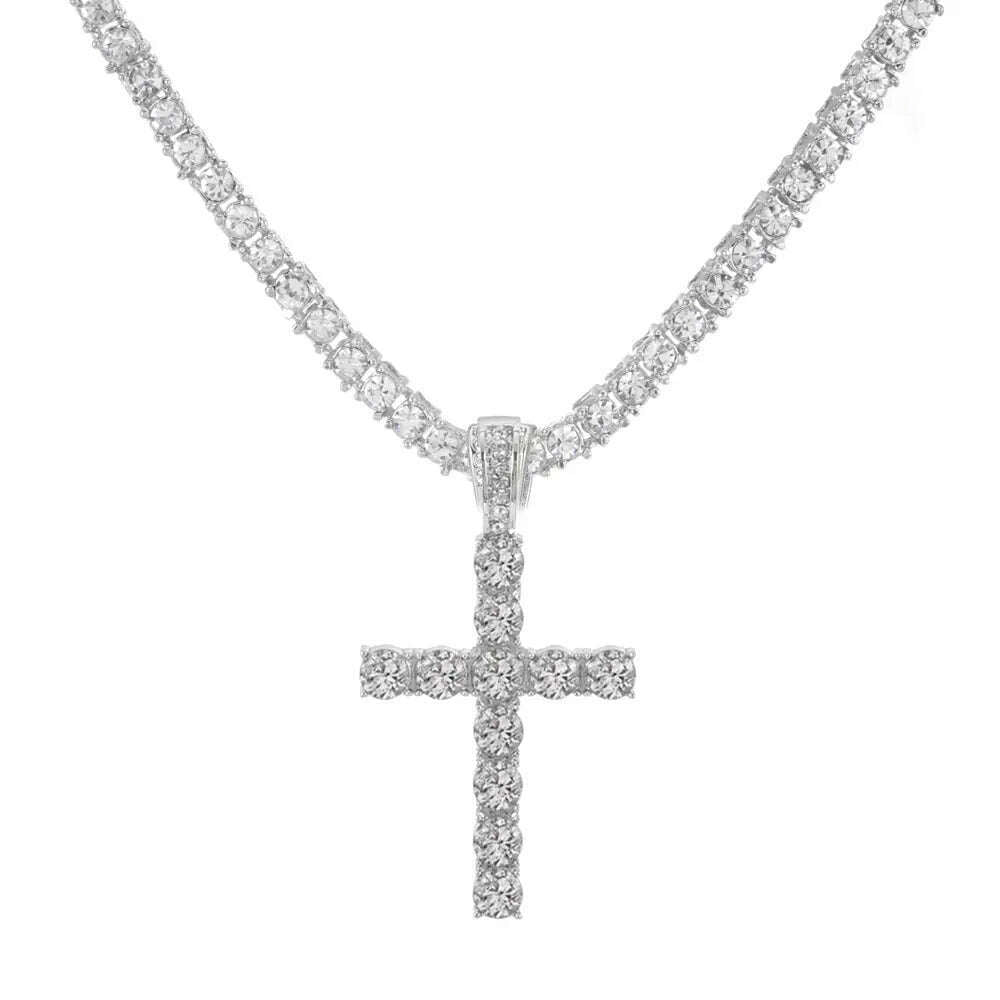 KIMLUD, Men Women Hip Hop Cross Pendant Necklace With 4mm Zircon Tennis Chain Iced Out Exquisite Bling Jewelry Fashion Trendy Creative, MB017S-TC002 / 20inch(50cm), KIMLUD APPAREL - Womens Clothes