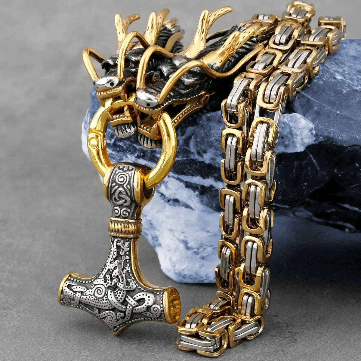 KIMLUD, Men&#39;s Stainless Steel Viking Thor&#39;s Hammer Pendant Gold Dragon Head Square Necklace Hip Hop Biker Fashion Jewelry Gift Wholesale, KIMLUD Womens Clothes