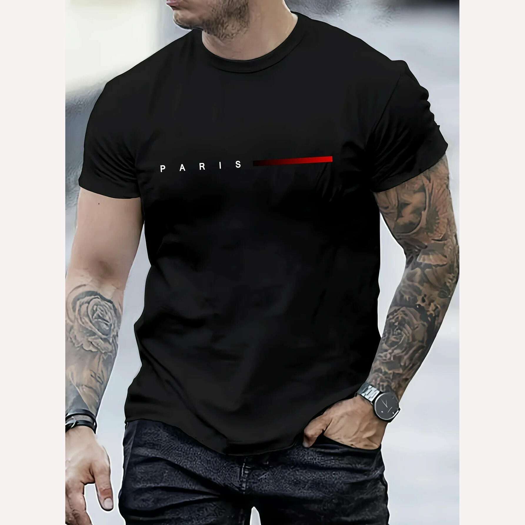 Men's 100% cotton summer loose PARIS Creative Letter print casual slim fit round neck short sleeved T-shirt top - KIMLUD