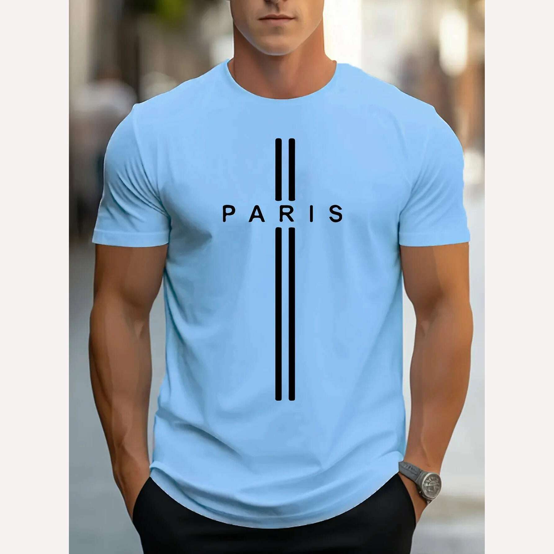 Men's 100% pure cotton summer loose fitting oversized Paris print casual slim fit round neck short sleeved T-shirt top - KIMLUD