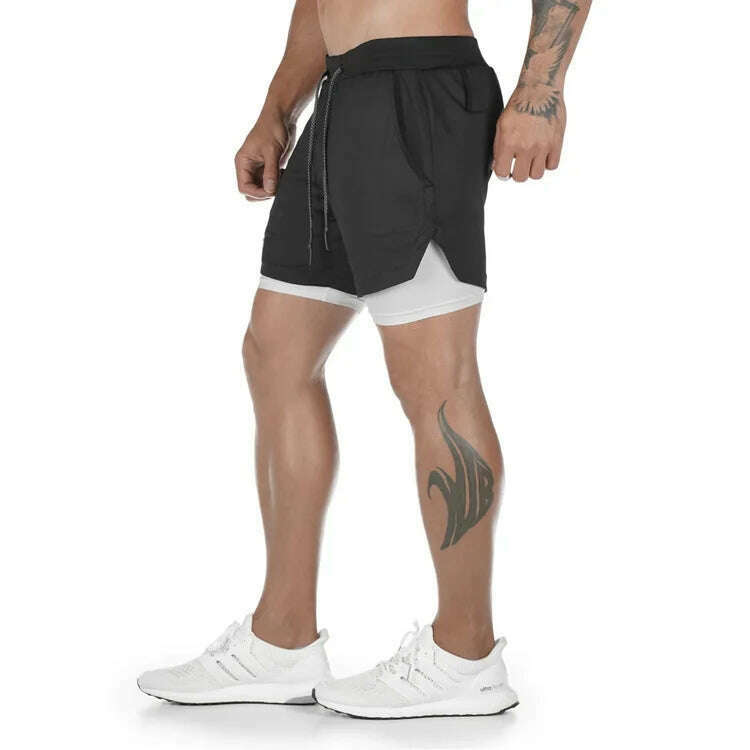 KIMLUD, Men's 2 in 1 Running Shorts Male Camo Workout Shorts Training Yoga Gym Sportswear Pants Sport Short Pants with Phone Pockets, DK21-Blackwhite / XL, KIMLUD APPAREL - Womens Clothes