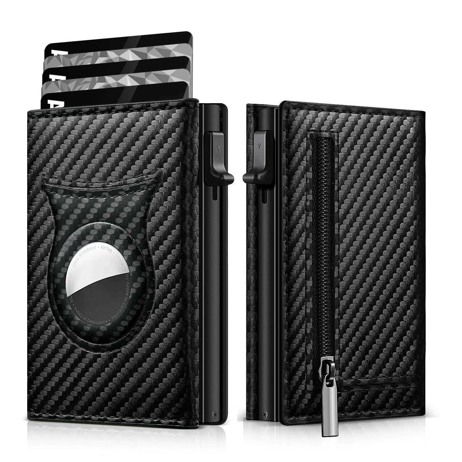 Men's Carbon Fiber Magnetic Card Holder PU Leather RFID Three-fold Automatic Card Holder With Zipper Coin Purse AirTag Wallet - KIMLUD