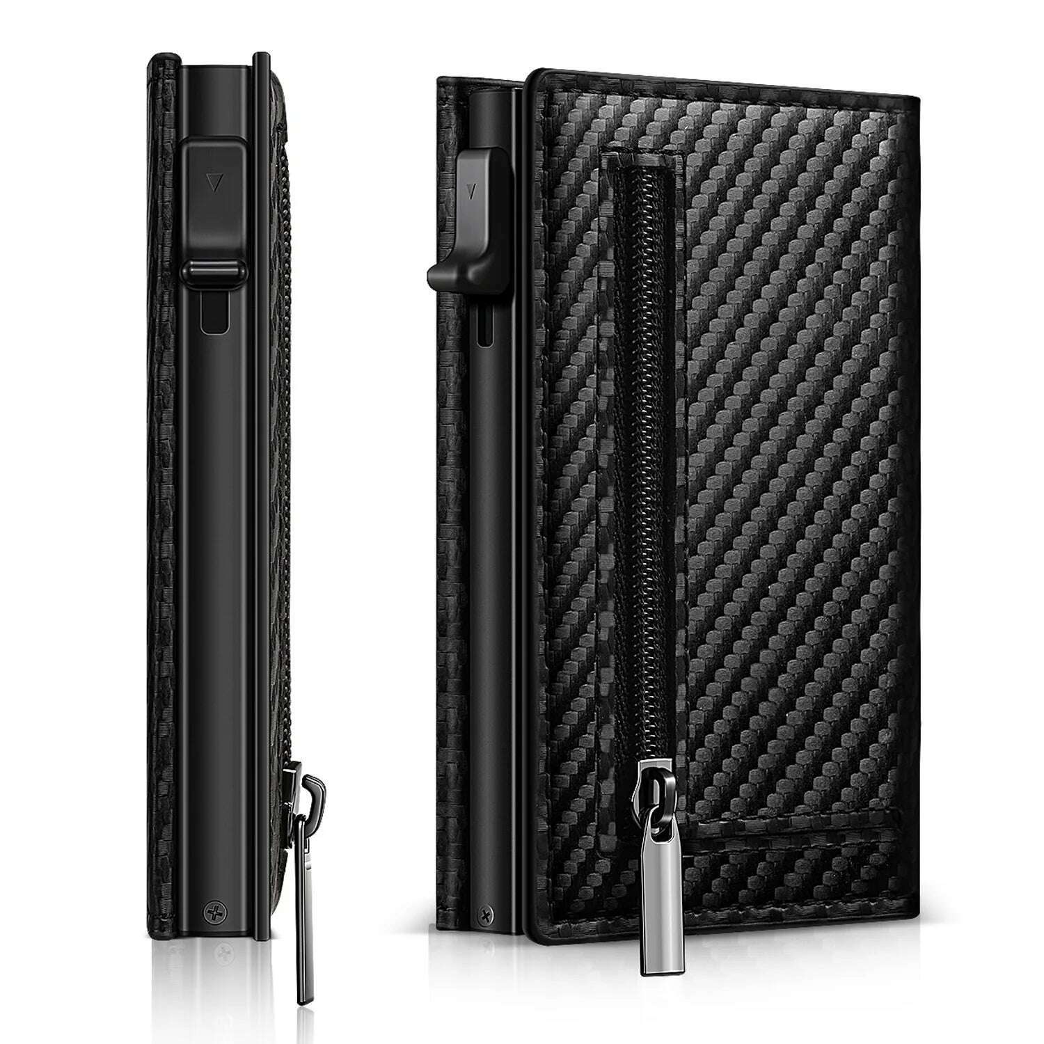 Men's Carbon Fiber Magnetic Card Holder PU Leather RFID Three-fold Automatic Card Holder With Zipper Coin Purse AirTag Wallet - KIMLUD