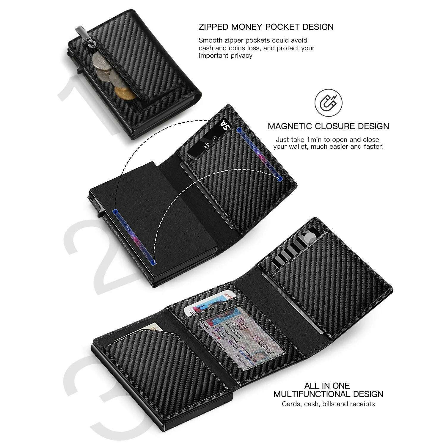 Men's Carbon Fiber Magnetic Card Holder PU Leather RFID Three-fold Automatic Card Holder With Zipper Coin Purse AirTag Wallet - KIMLUD