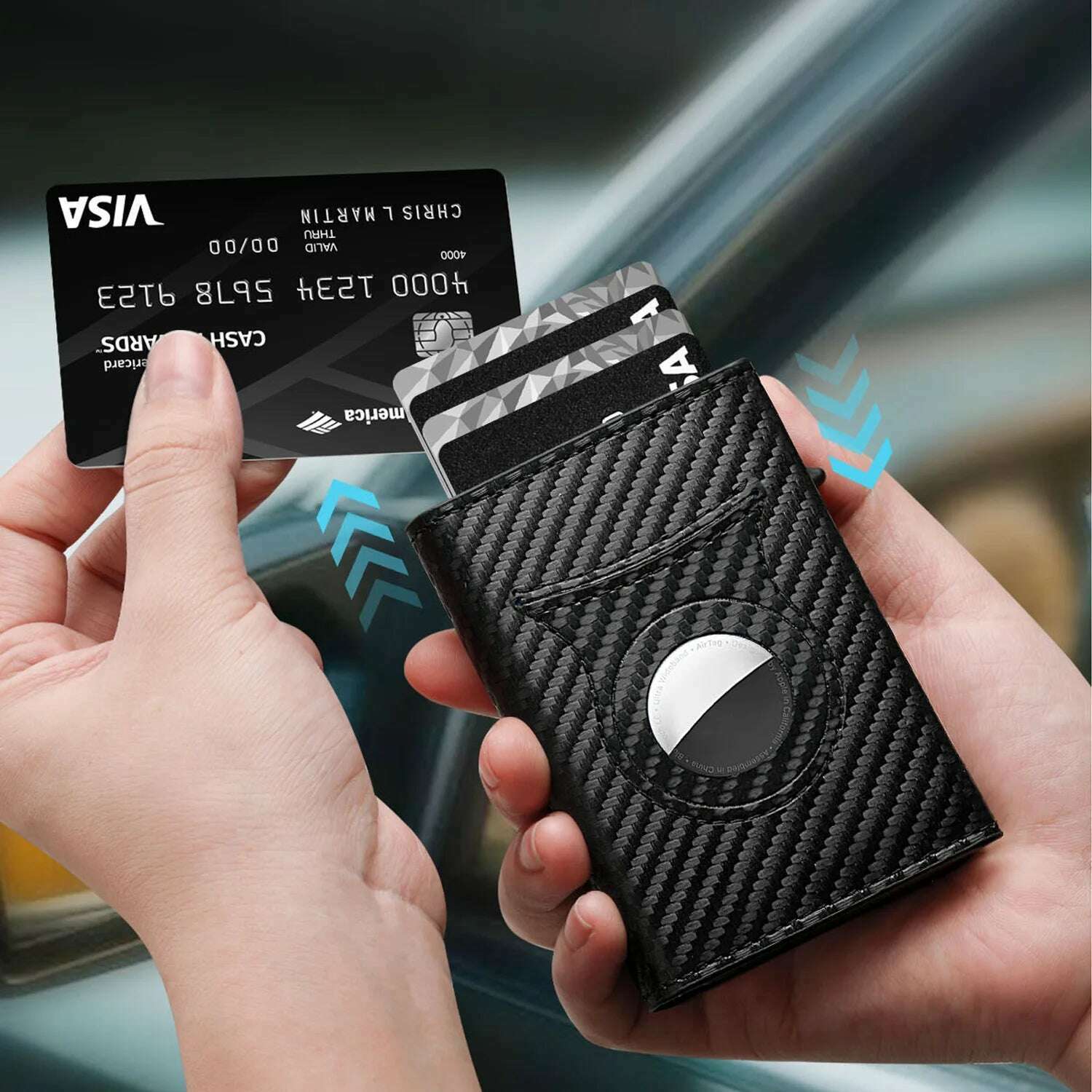 Men's Carbon Fiber Magnetic Card Holder PU Leather RFID Three-fold Automatic Card Holder With Zipper Coin Purse AirTag Wallet - KIMLUD