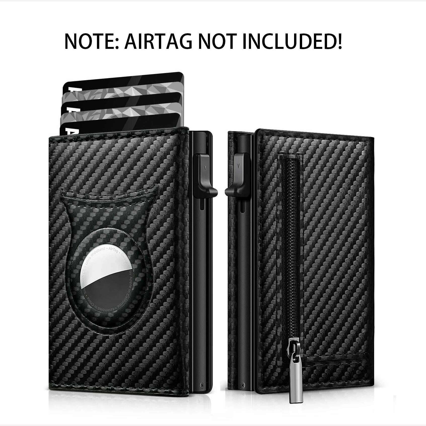 Men's Carbon Fiber Magnetic Card Holder PU Leather RFID Three-fold Automatic Card Holder With Zipper Coin Purse AirTag Wallet - KIMLUD