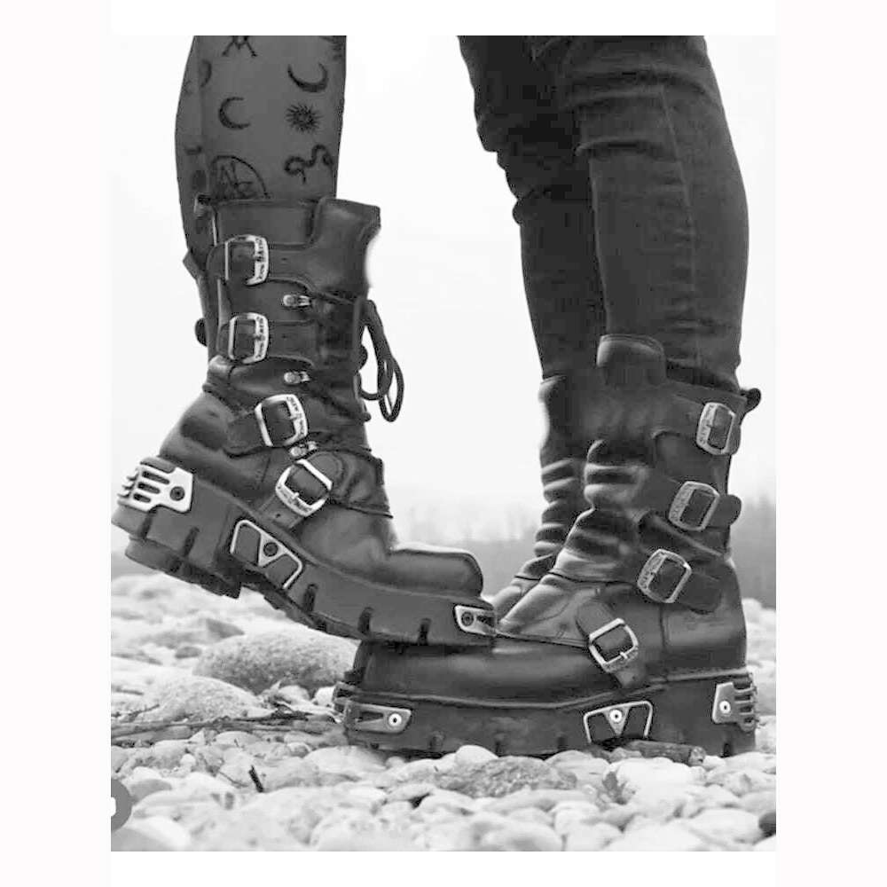 KIMLUD, Men's Fashion Genuine Leather Motorcycle Boots Gothic Skull Punk Boots Design Rock Women Mid-calf Boots Metallic Combat Boot48, 607Day buckle / 35, KIMLUD APPAREL - Womens Clothes