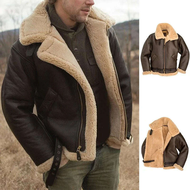 KIMLUD, Men's Faux Leather Classic Brown Black Bomber Jacket Winter Shearling Sheepskin Coat Large Size Male Fleece Warm Outerwear, KIMLUD Womens Clothes