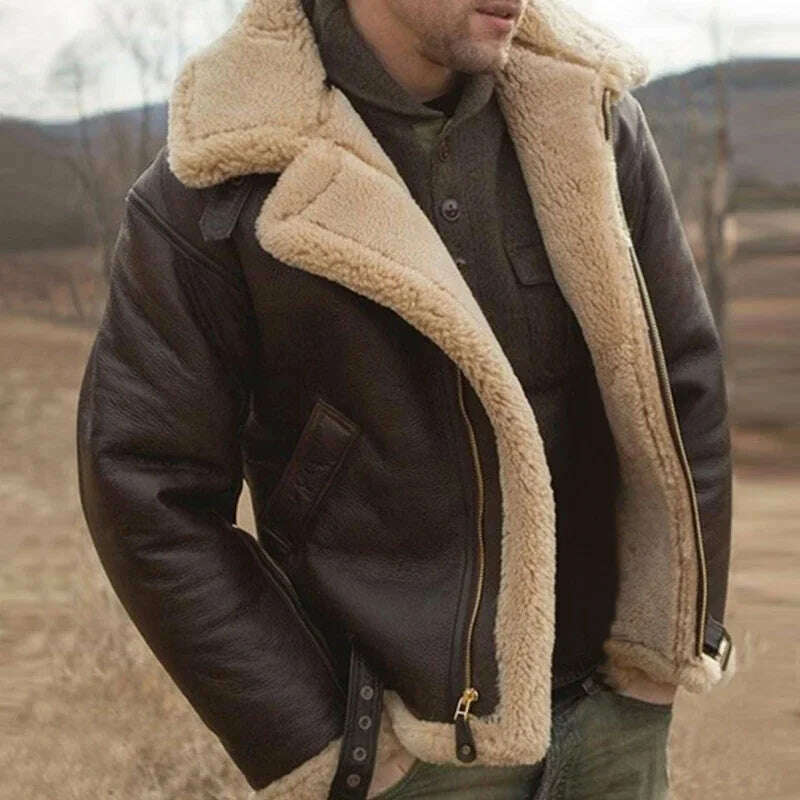 KIMLUD, Men's Faux Leather Classic Brown Black Bomber Jacket Winter Shearling Sheepskin Coat Large Size Male Fleece Warm Outerwear, KIMLUD Womens Clothes