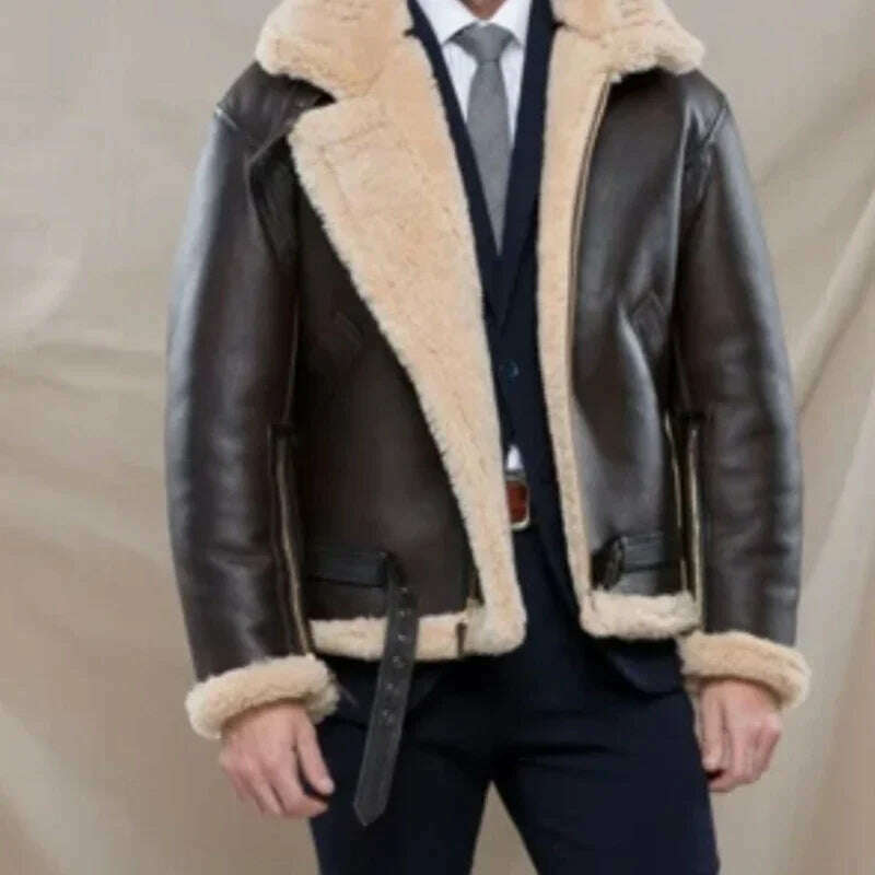 KIMLUD, Men's Faux Leather Classic Brown Black Bomber Jacket Winter Shearling Sheepskin Coat Large Size Male Fleece Warm Outerwear, KIMLUD Womens Clothes