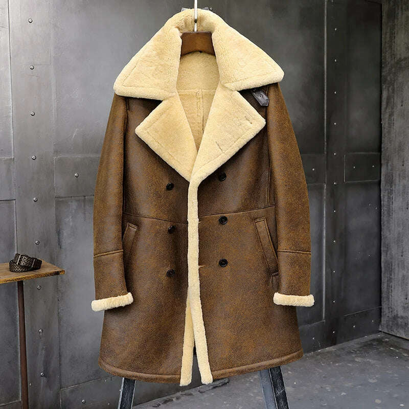 KIMLUD, Men's Fur Shearling Sheepskin Genuine Leather Long Coat Jacket Mans B3 Bomber Coat Aviator Coat Outerwear Trench Flight Jacket, Brown / M, KIMLUD APPAREL - Womens Clothes