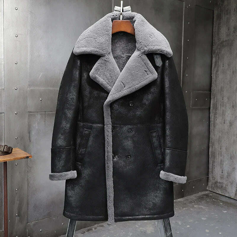 KIMLUD, Men's Fur Shearling Sheepskin Genuine Leather Long Coat Jacket Mans B3 Bomber Coat Aviator Coat Outerwear Trench Flight Jacket, Dark Grey / M, KIMLUD APPAREL - Womens Clothes