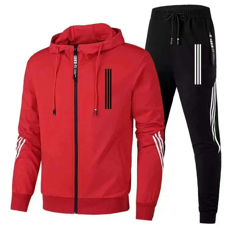 KIMLUD, Men's Hoodies+Pants Two Piece Sets Triple Slant Hoodie Jacket Sport Zipper Tracksuits Sports Jogging Male Fitness Clothing2024, 2 / XXL, KIMLUD APPAREL - Womens Clothes