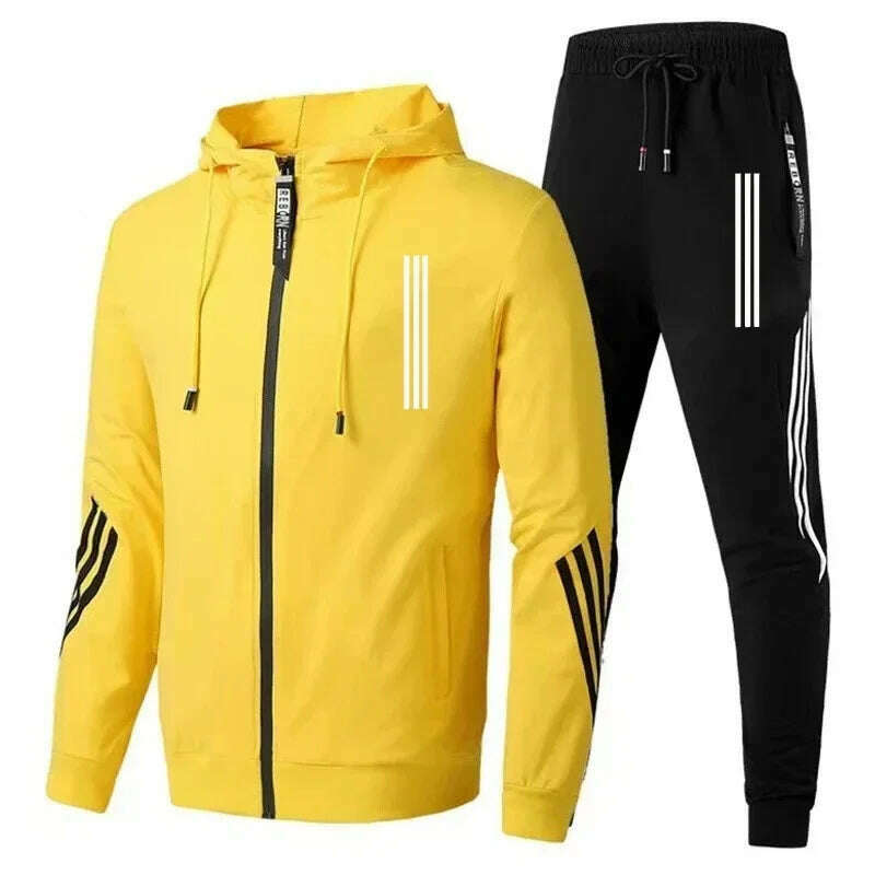 KIMLUD, Men's Hoodies+Pants Two Piece Sets Triple Slant Hoodie Jacket Sport Zipper Tracksuits Sports Jogging Male Fitness Clothing2024, 10 / L, KIMLUD APPAREL - Womens Clothes