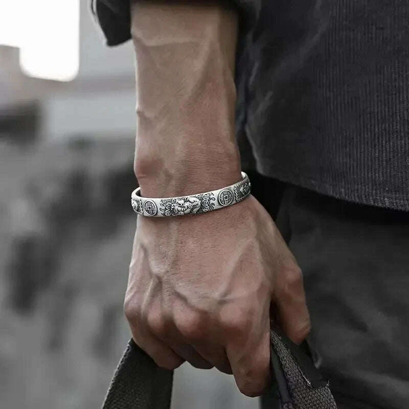 KIMLUD, Men's Personalized Retro Ethnic Animal Pixiu Bangles Men Women Cuff Bracelets Casual Jewelry Gifts, AL12809-Silver, KIMLUD APPAREL - Womens Clothes