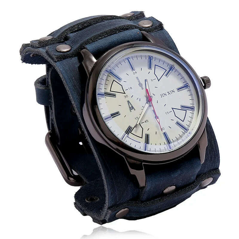 KIMLUD, Mens Quartz Watches Jessingshow Luxury Wristwatch 2023 Cowhide Watchband Punk Style Watch for Men Wide Genuine Leather Bracelets, Retro Blue 3, KIMLUD APPAREL - Womens Clothes