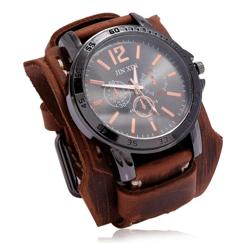 KIMLUD, Mens Quartz Watches Jessingshow Luxury Wristwatch 2023 Cowhide Watchband Punk Style Watch for Men Wide Genuine Leather Bracelets, Retro Brown 1, KIMLUD APPAREL - Womens Clothes