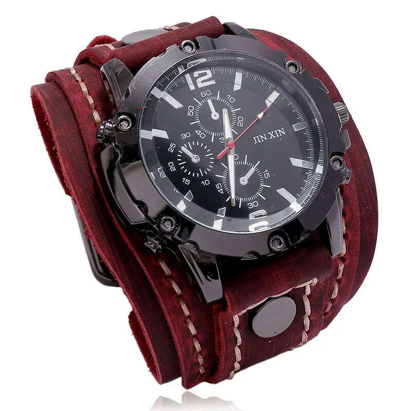 KIMLUD, Mens Quartz Watches Jessingshow Luxury Wristwatch 2023 Cowhide Watchband Punk Style Watch for Men Wide Genuine Leather Bracelets, Retro Red, KIMLUD APPAREL - Womens Clothes