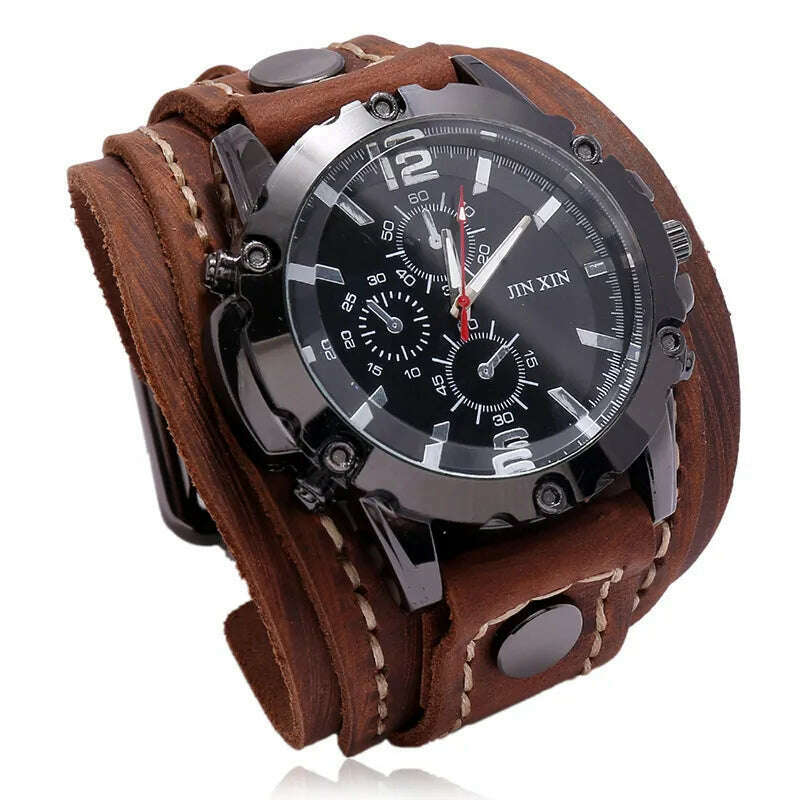 KIMLUD, Mens Quartz Watches Jessingshow Luxury Wristwatch 2023 Cowhide Watchband Punk Style Watch for Men Wide Genuine Leather Bracelets, Retro Brown, KIMLUD APPAREL - Womens Clothes