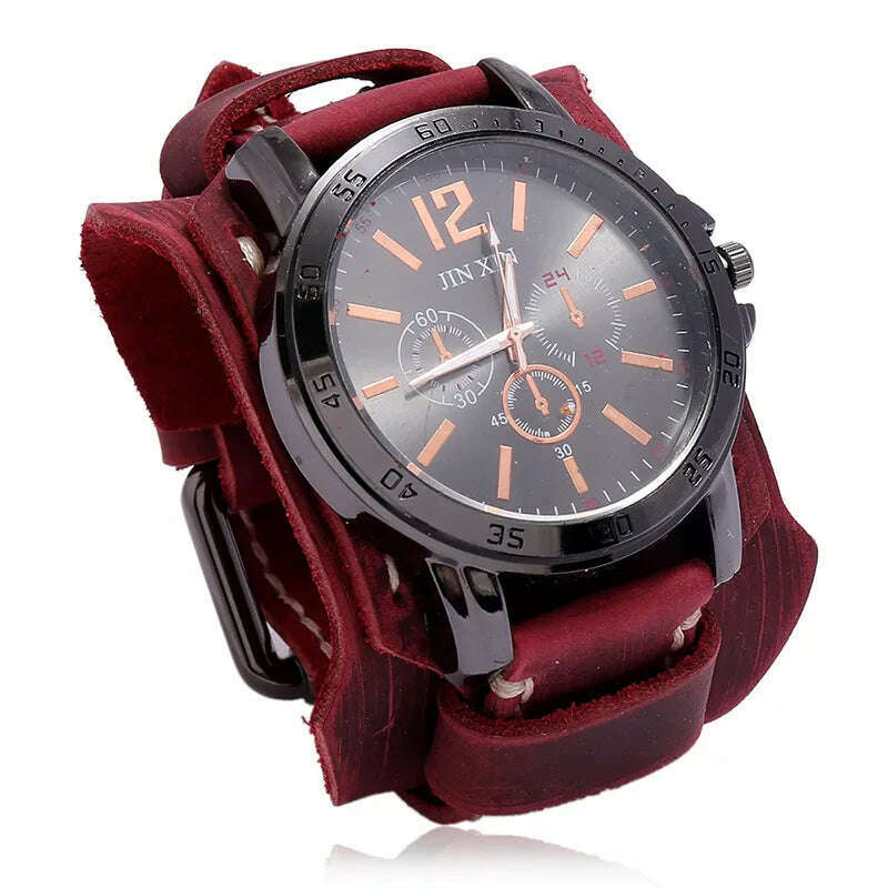 KIMLUD, Mens Quartz Watches Jessingshow Luxury Wristwatch 2023 Cowhide Watchband Punk Style Watch for Men Wide Genuine Leather Bracelets, Retro Red 1, KIMLUD APPAREL - Womens Clothes