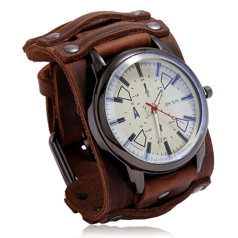 KIMLUD, Mens Quartz Watches Jessingshow Luxury Wristwatch 2023 Cowhide Watchband Punk Style Watch for Men Wide Genuine Leather Bracelets, Retro Brown 3, KIMLUD APPAREL - Womens Clothes