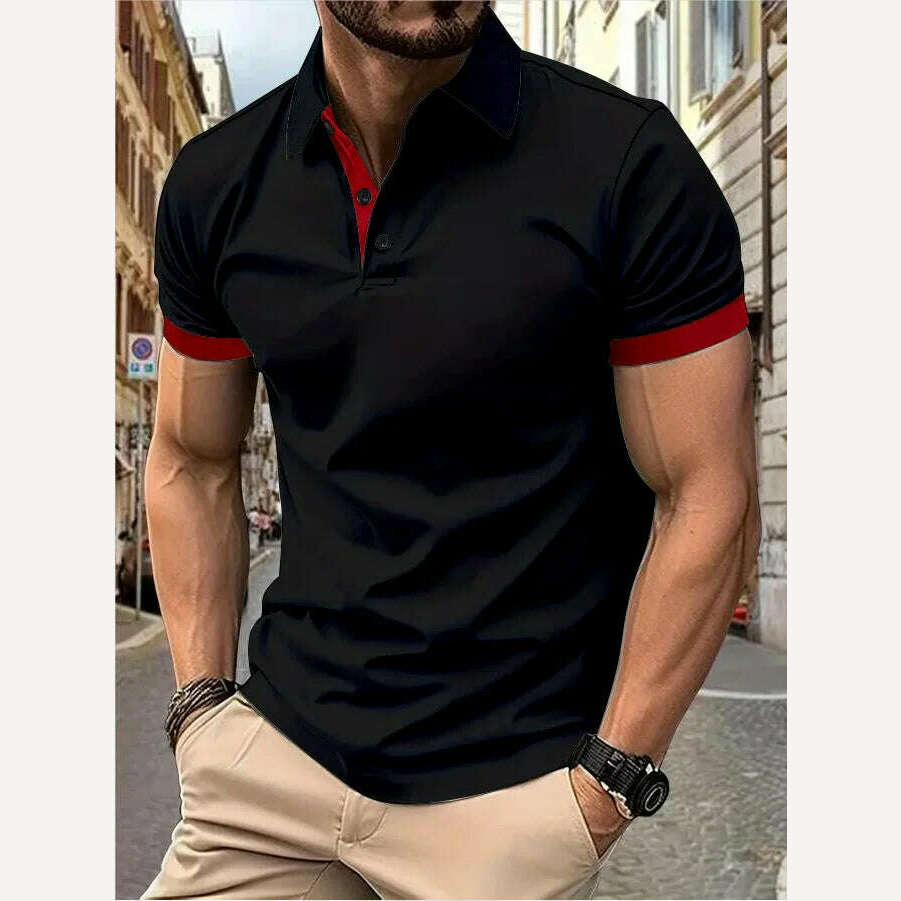 KIMLUD, Men's short sleeve color matching fashion with men's lapel short sleeve, black with red / XXXL, KIMLUD APPAREL - Womens Clothes