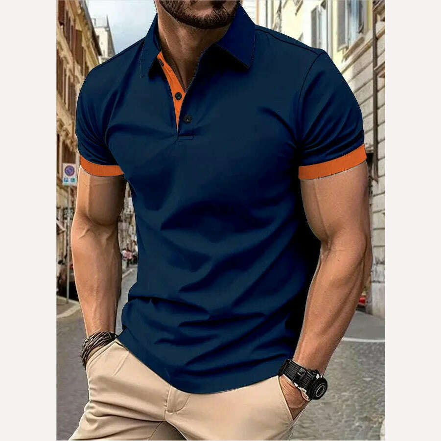 KIMLUD, Men's short sleeve color matching fashion with men's lapel short sleeve, Navy blue  orange / XXXL, KIMLUD APPAREL - Womens Clothes