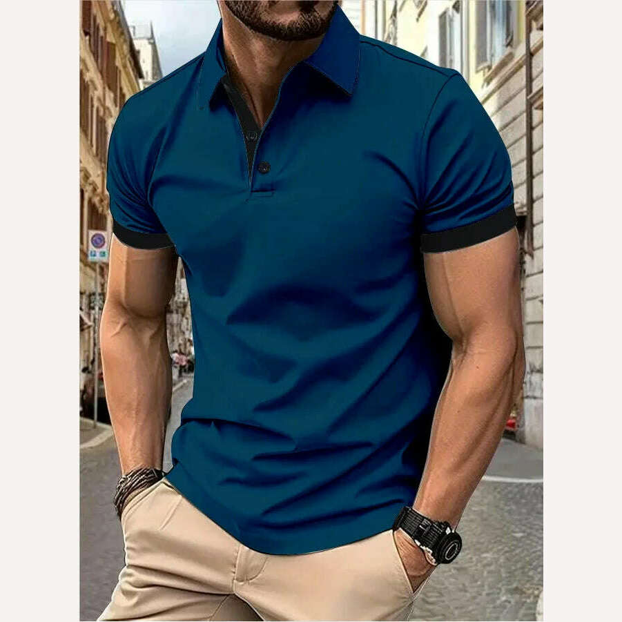 KIMLUD, Men's short sleeve color matching fashion with men's lapel short sleeve, Denim blue / XXXL, KIMLUD APPAREL - Womens Clothes