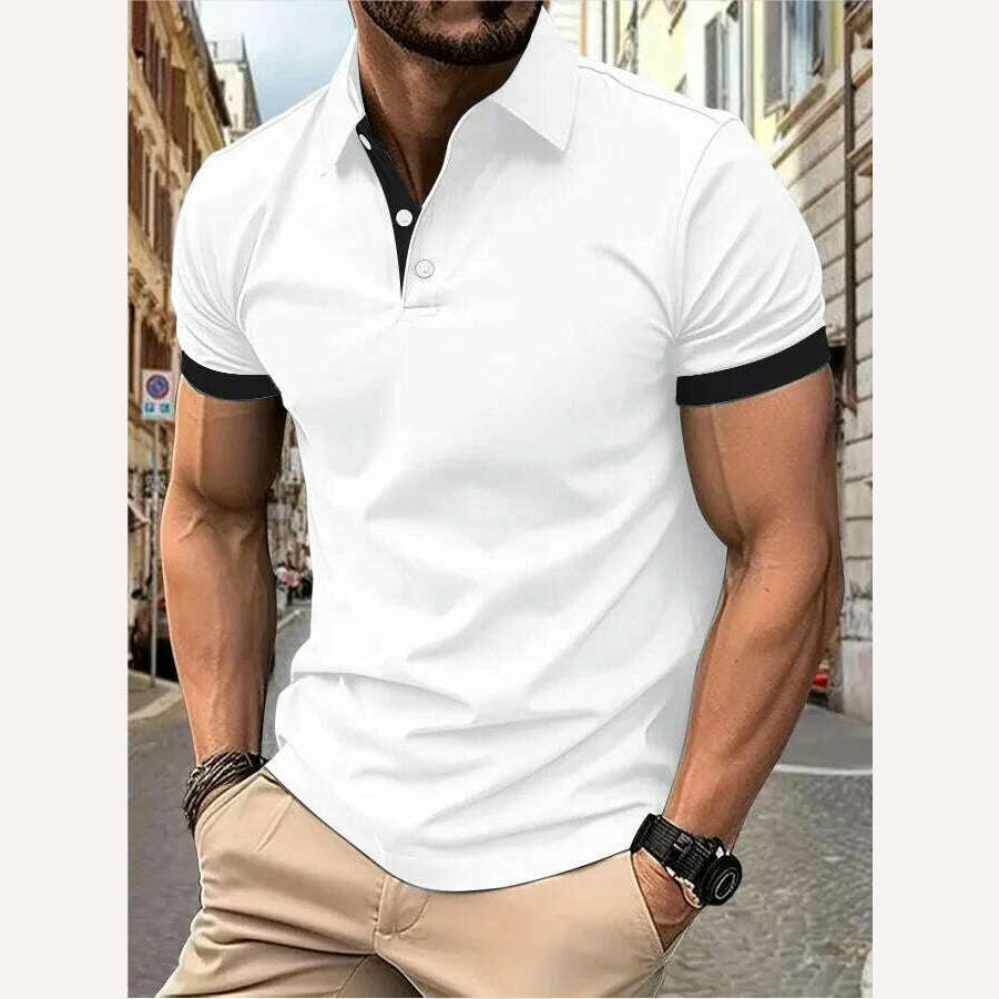 KIMLUD, Men's short sleeve color matching fashion with men's lapel short sleeve, White and black / L, KIMLUD APPAREL - Womens Clothes