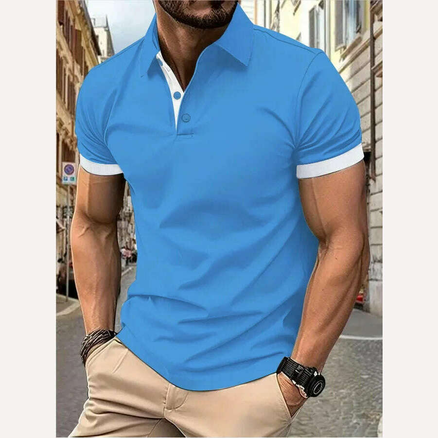 KIMLUD, Men's short sleeve color matching fashion with men's lapel short sleeve, Medium blue / XXXL, KIMLUD APPAREL - Womens Clothes