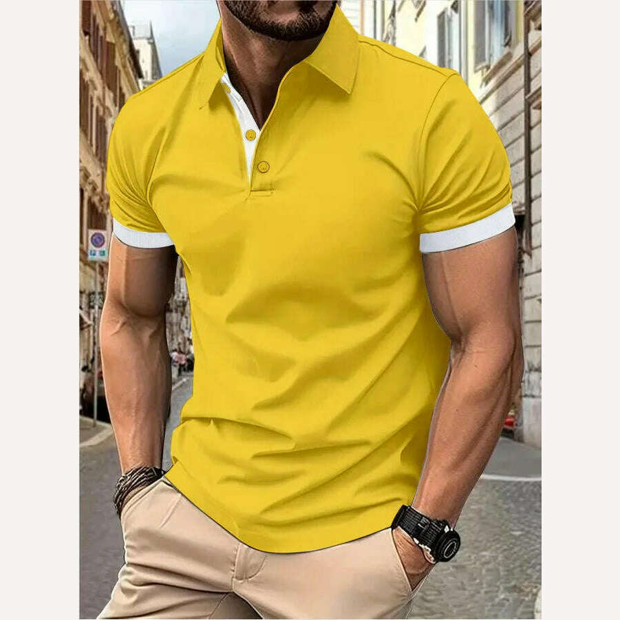 KIMLUD, Men's short sleeve color matching fashion with men's lapel short sleeve, Yellow and white / XXL, KIMLUD APPAREL - Womens Clothes