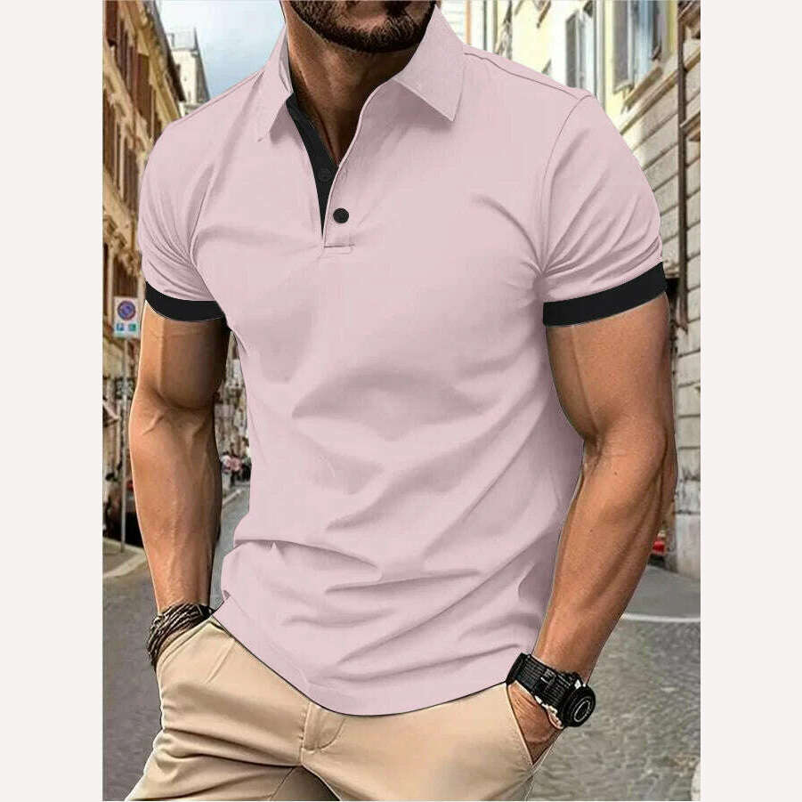 KIMLUD, Men's short sleeve color matching fashion with men's lapel short sleeve, pink / XXXL, KIMLUD APPAREL - Womens Clothes