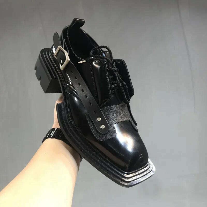 KIMLUD, Mens Square Toe Genuine Leather Dress Shoes Runway Punk Style Platform Shoes Lace Up Derby Shoes Men Black Cowhide Casual Shoes, black / 41, KIMLUD APPAREL - Womens Clothes