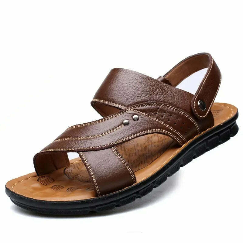 KIMLUD, Men's Summer New Men's Sandals Men's Leather Beach Shoes Casual Men's Shoes Fashion Slippers Stripe Sandals Rubber  Mens Shoes, brown / 38, KIMLUD APPAREL - Womens Clothes