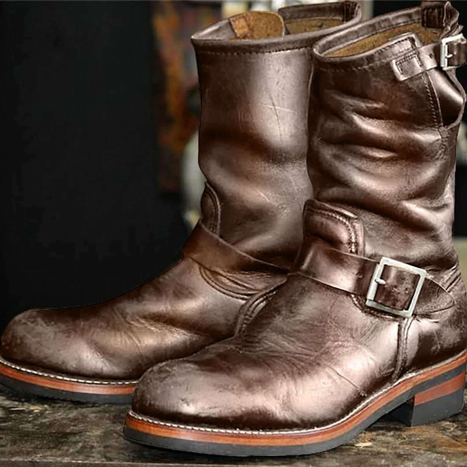 KIMLUD, Men's Vintage Cowboy Boots Leather High Top Chain Buckle Strap Punk Shoes Pointed Toe Biker Boots Men Botas Mujer, Coffee / 40 / United States, KIMLUD APPAREL - Womens Clothes