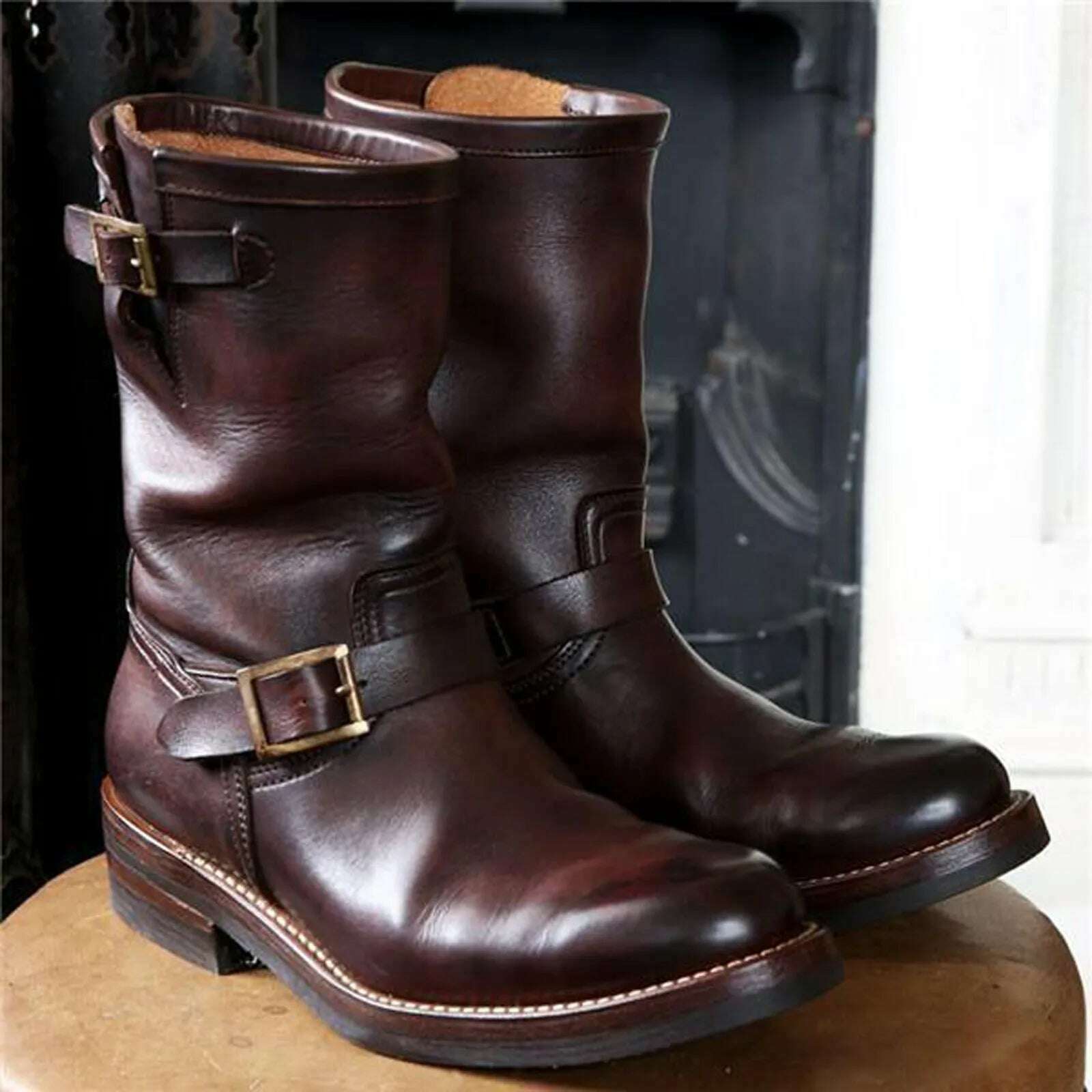 Men's Vintage Cowboy Boots Leather High Top Chain Buckle Strap Punk Shoes Pointed Toe Biker Boots Men Botas Mujer - KIMLUD