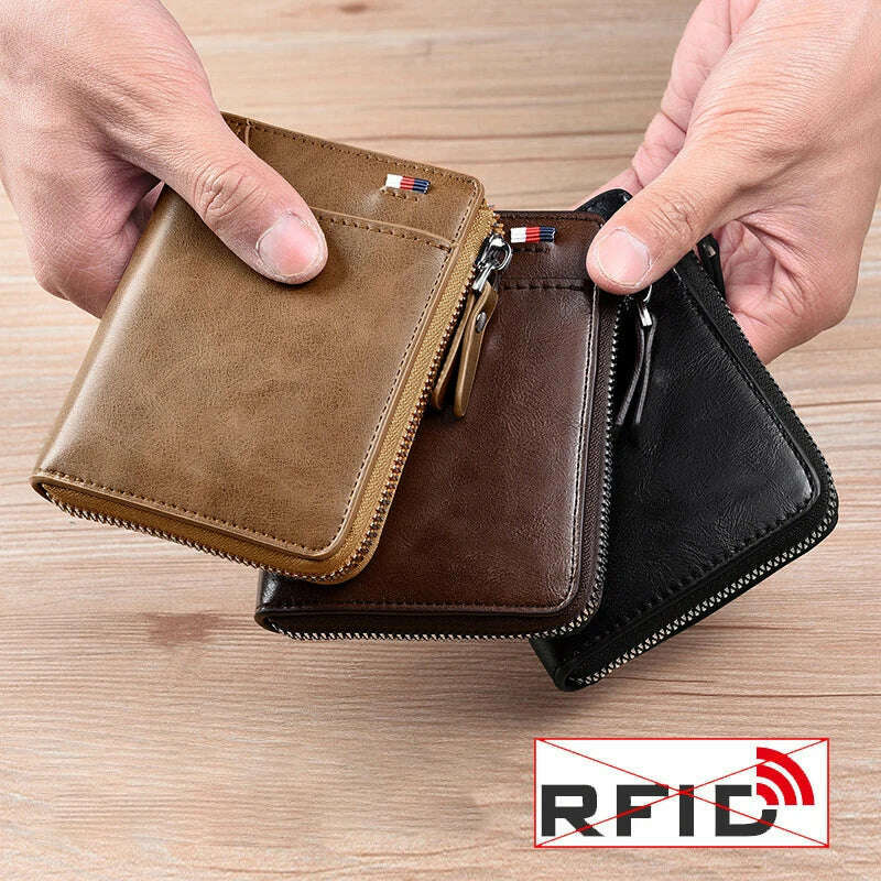 Mens Wallet Leather Business Card Holder Zipper Purse Luxury Wallets for Men RFID Protection Purses Carteira Masculina Luxury - KIMLUD