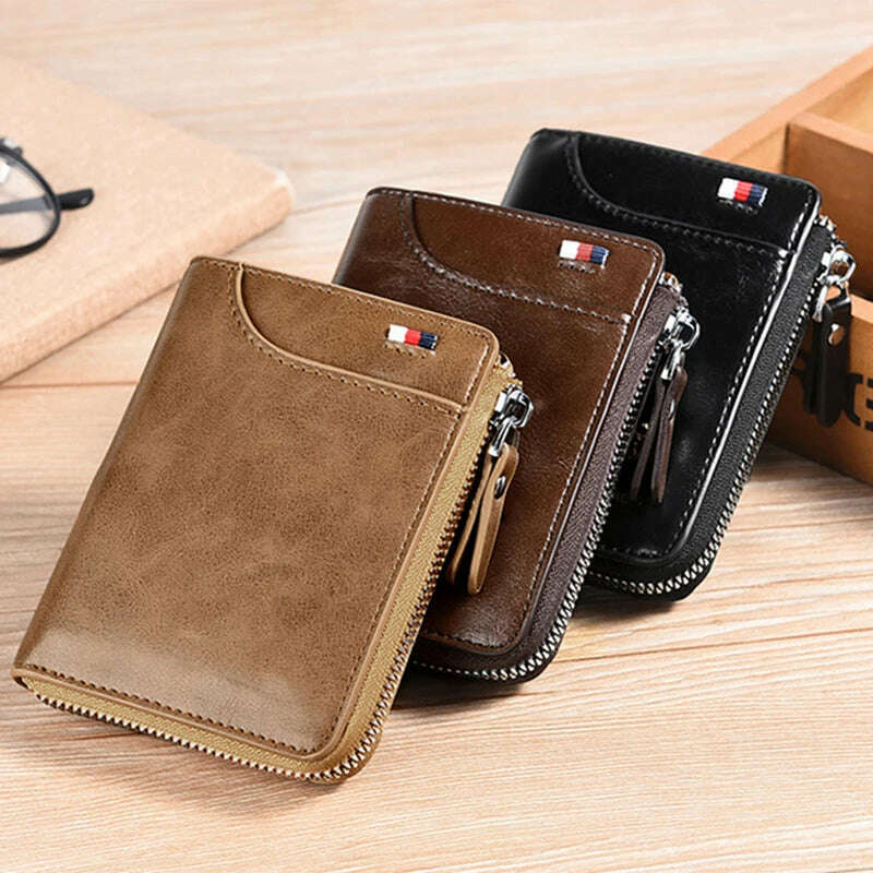 Mens Wallet Leather Business Card Holder Zipper Purse Luxury Wallets for Men RFID Protection Purses Carteira Masculina Luxury - KIMLUD