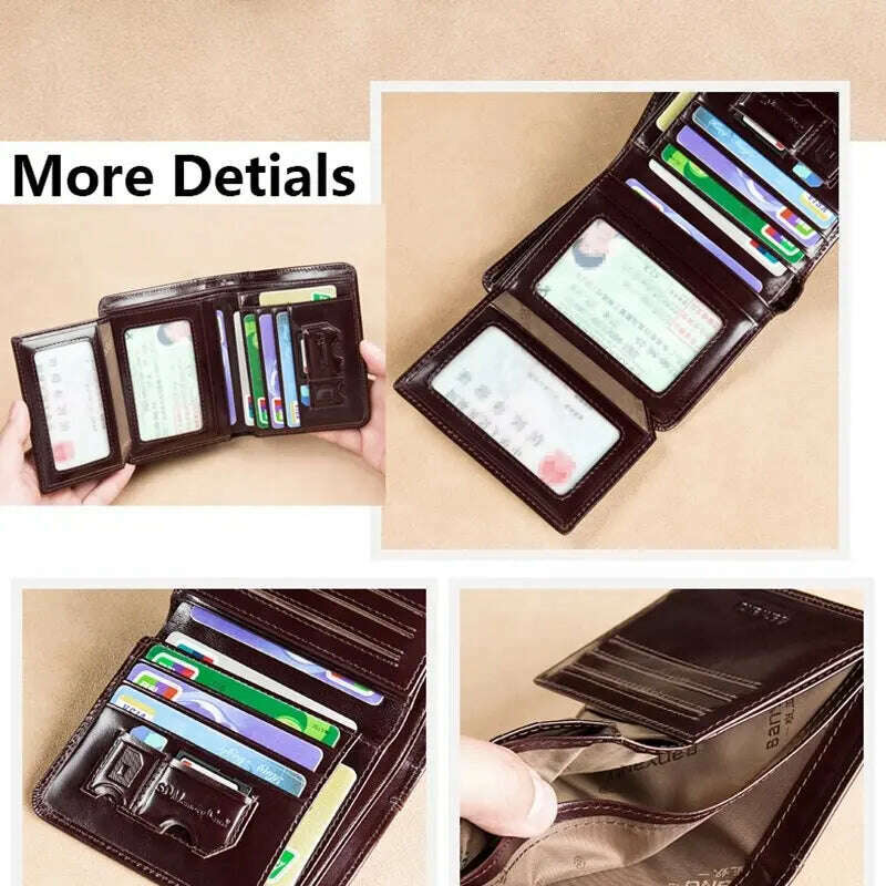 Men's Wallets RFID Blocking Genuine Leather Trifold Business Short Purse Wallet for Men with ID Window and Credit Card Holder - KIMLUD