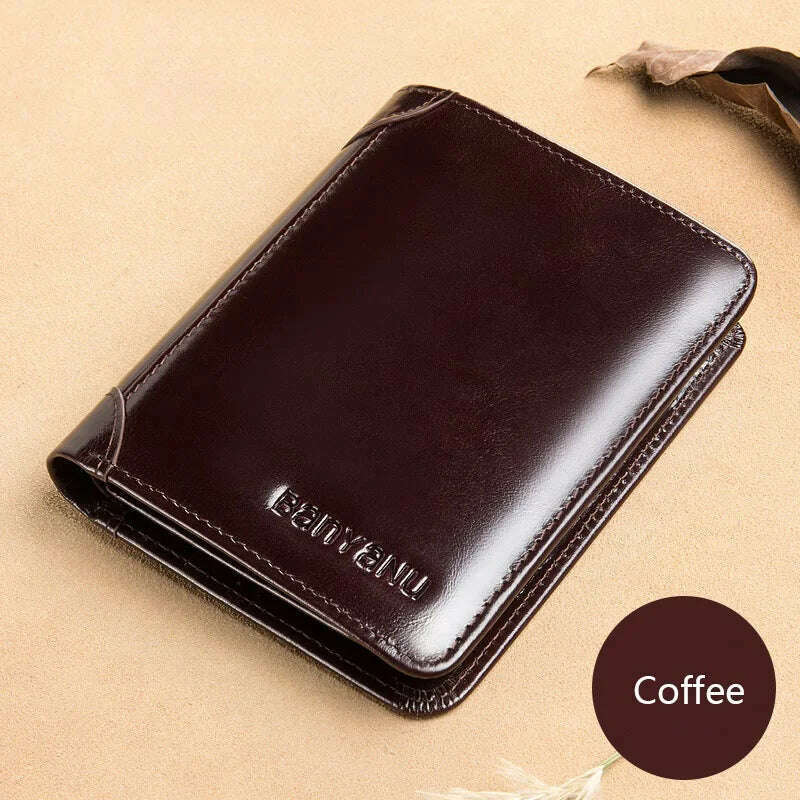 Men's Wallets RFID Blocking Genuine Leather Trifold Business Short Purse Wallet for Men with ID Window and Credit Card Holder - KIMLUD