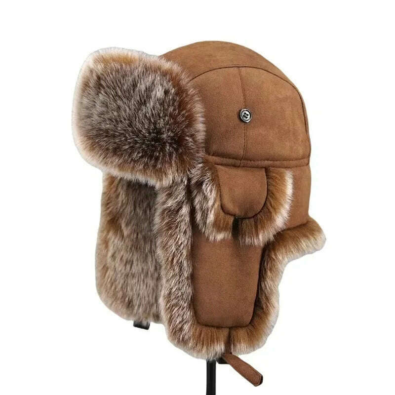 Men's Winter Trapper Aviator Trooper Earflap Warm Russian Waterproof Ski Hat Bomber Cap Russian Warm Ear Protectors Hats - KIMLUD