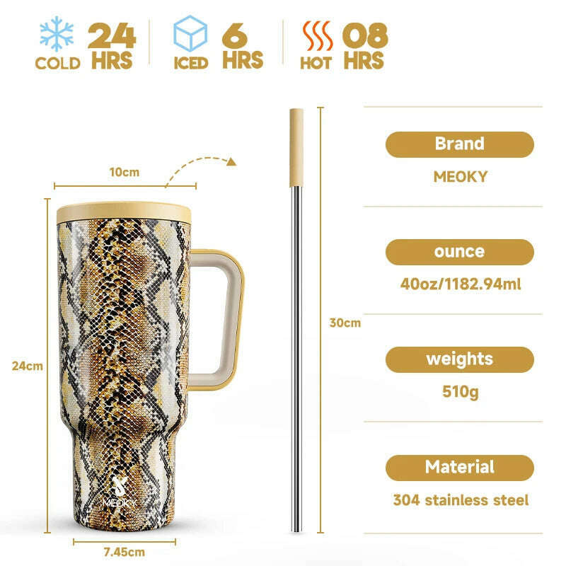 KIMLUD, Meoky 40oz Tumbler Handle Straw Thermos Cup Multiple Prints Stainless Steel Bottle Vacuum Insulated Car Mug Best Christmas Gifts, Brown Snake / 40oz 1182ml, KIMLUD APPAREL - Womens Clothes