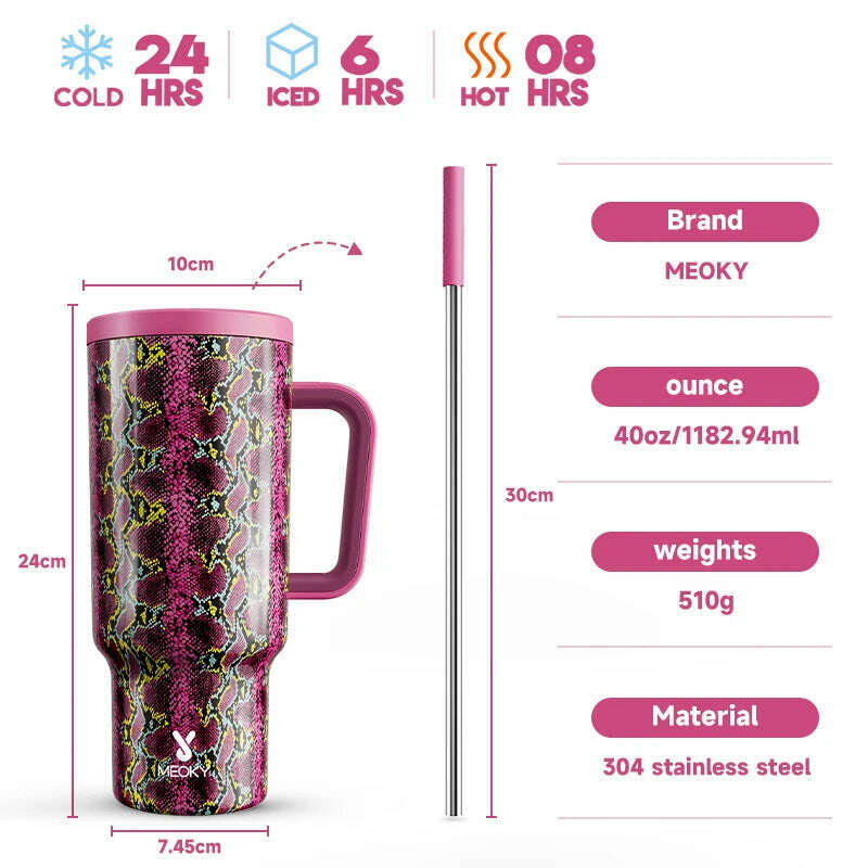 KIMLUD, Meoky 40oz Tumbler Handle Straw Thermos Cup Multiple Prints Stainless Steel Bottle Vacuum Insulated Car Mug Best Christmas Gifts, Purple Snake / 40oz 1182ml, KIMLUD APPAREL - Womens Clothes