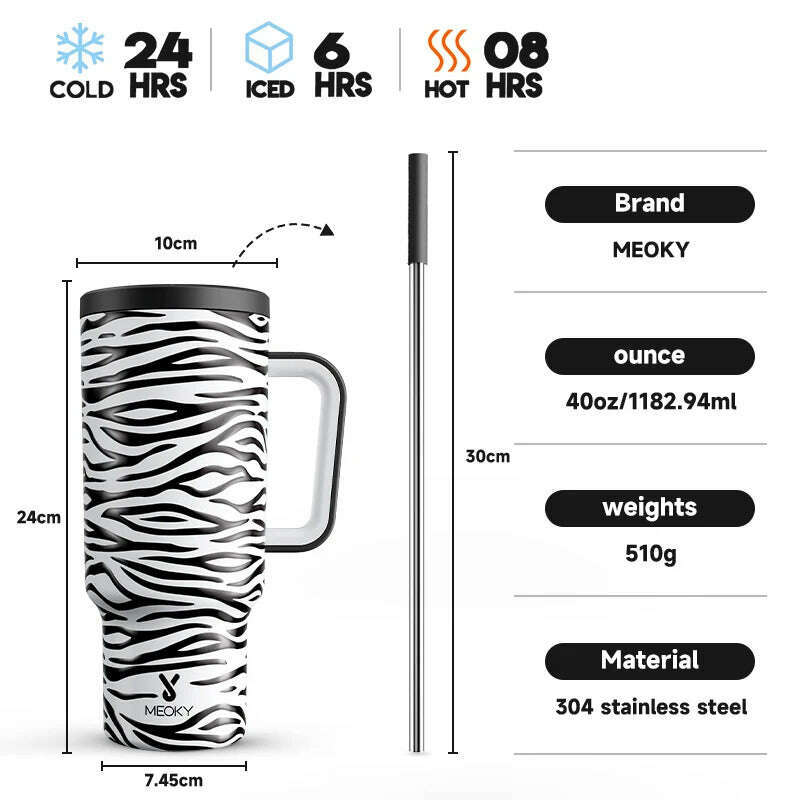 KIMLUD, Meoky 40oz Tumbler Handle Straw Thermos Cup Multiple Prints Stainless Steel Bottle Vacuum Insulated Car Mug Best Christmas Gifts, Zebra / 40oz 1182ml, KIMLUD APPAREL - Womens Clothes